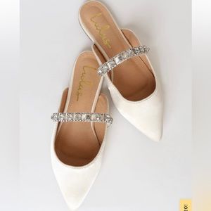 Ivory satin rhinestone pointed toe mule slides